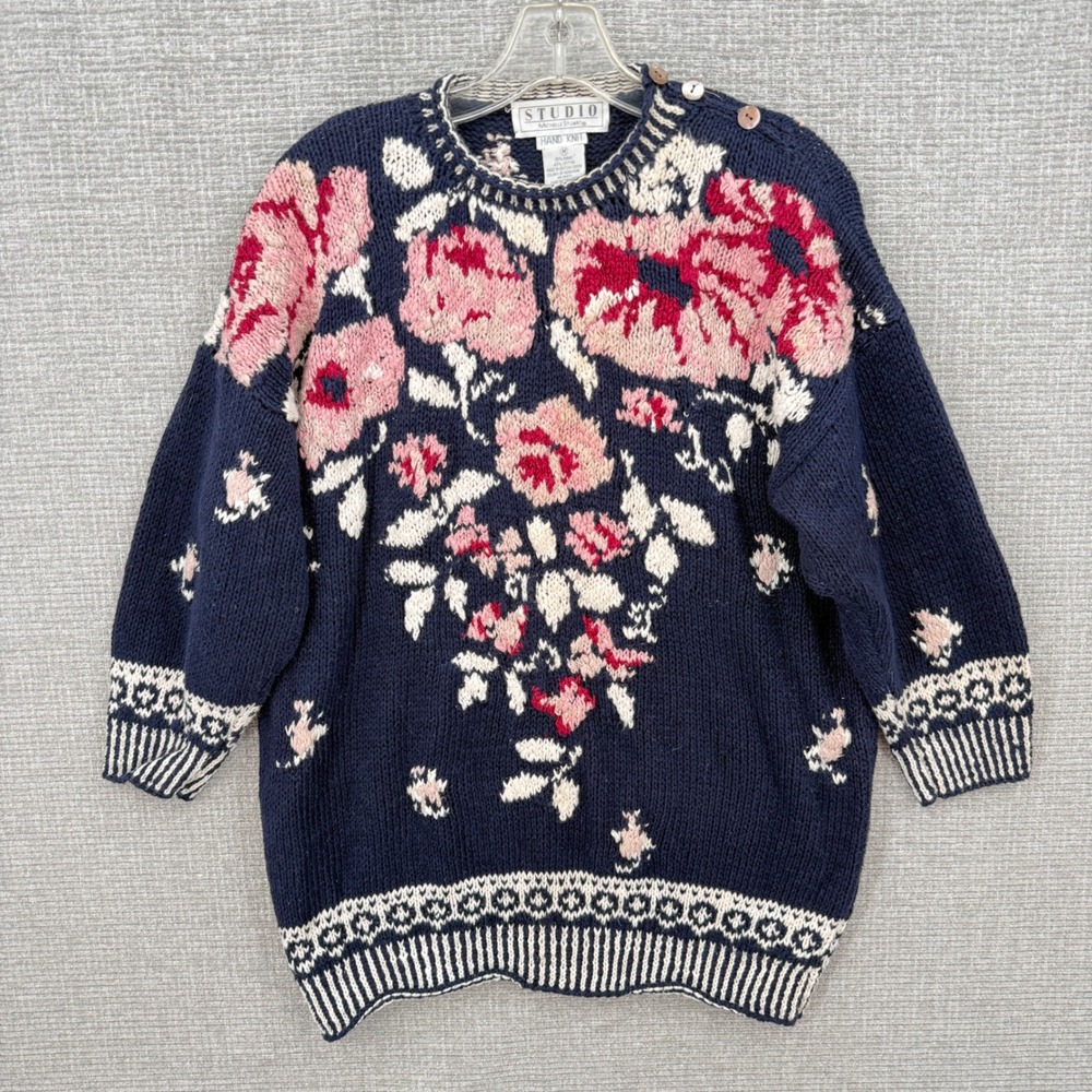 Vtg Cottage Michelle Stuart Hand Knit Sweater Women M Navy Floral Button Retro